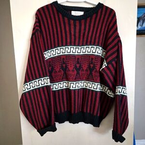 5 for $25 Vintage Fellini Folk Pattern Red and Black Men's Sweater Mens Large